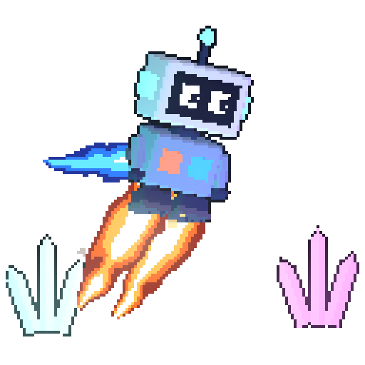 HOP-7, a small blue maintenance robot, climbing on boot and drive flames between two glowing crystals.