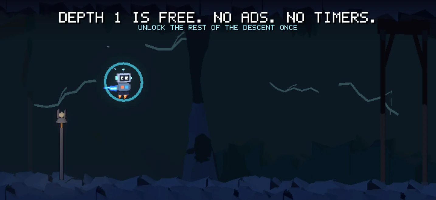 Depth 1 is free. HOP-7 passes a flickering shaft light.
